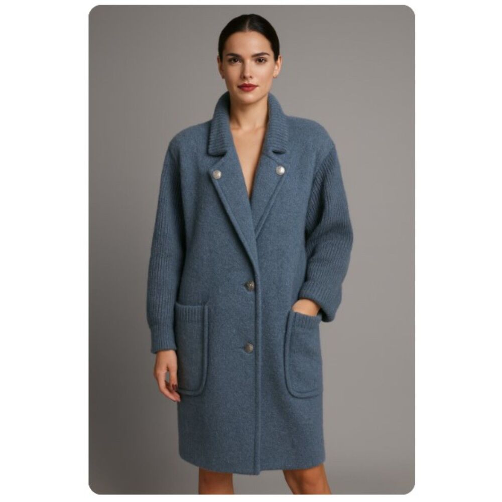 Vintage Geiger Austria Wool Coat Blue Lined Knit Sleeves Womens Sz 38 US M/L